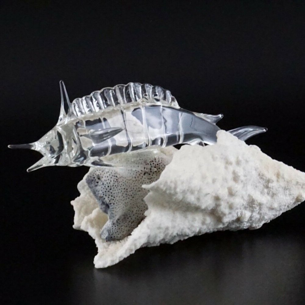Handmade Glass Marlin Fish Natural Coral Sculpture